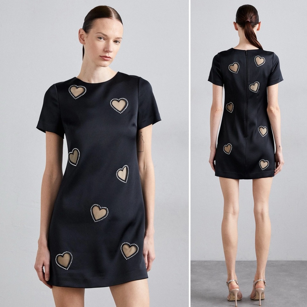 Alice + Olivia Clyde Crystal-Embellished Heart Shift Minidress Black Size 4 NWOT - Picture 2 of 14